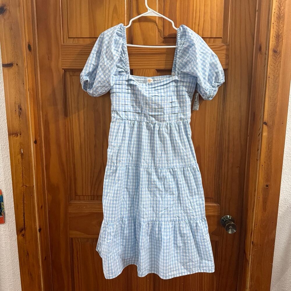 Blue Gymboree Gingham Puff Sleeve Square Neck Tiered Mini Dress Adult Small